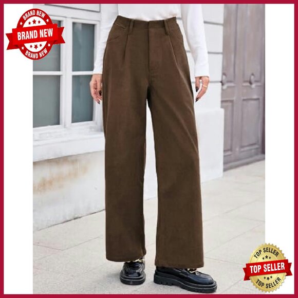 High Waisted Wide Leg Corduroy Pants Women's Vintage Loose Trousers - Picture 3 of 8